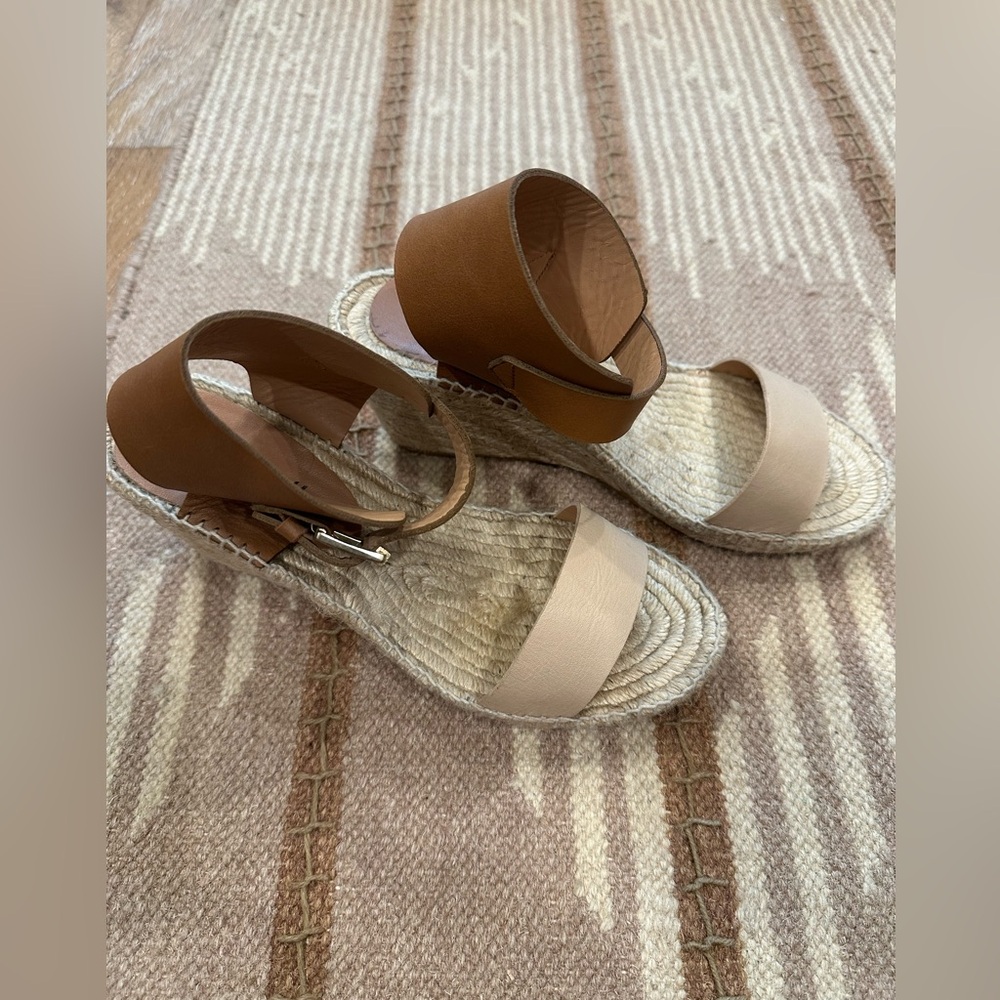 Anthropologie Tan and Cream Wedge Sandals by Bettye Muller